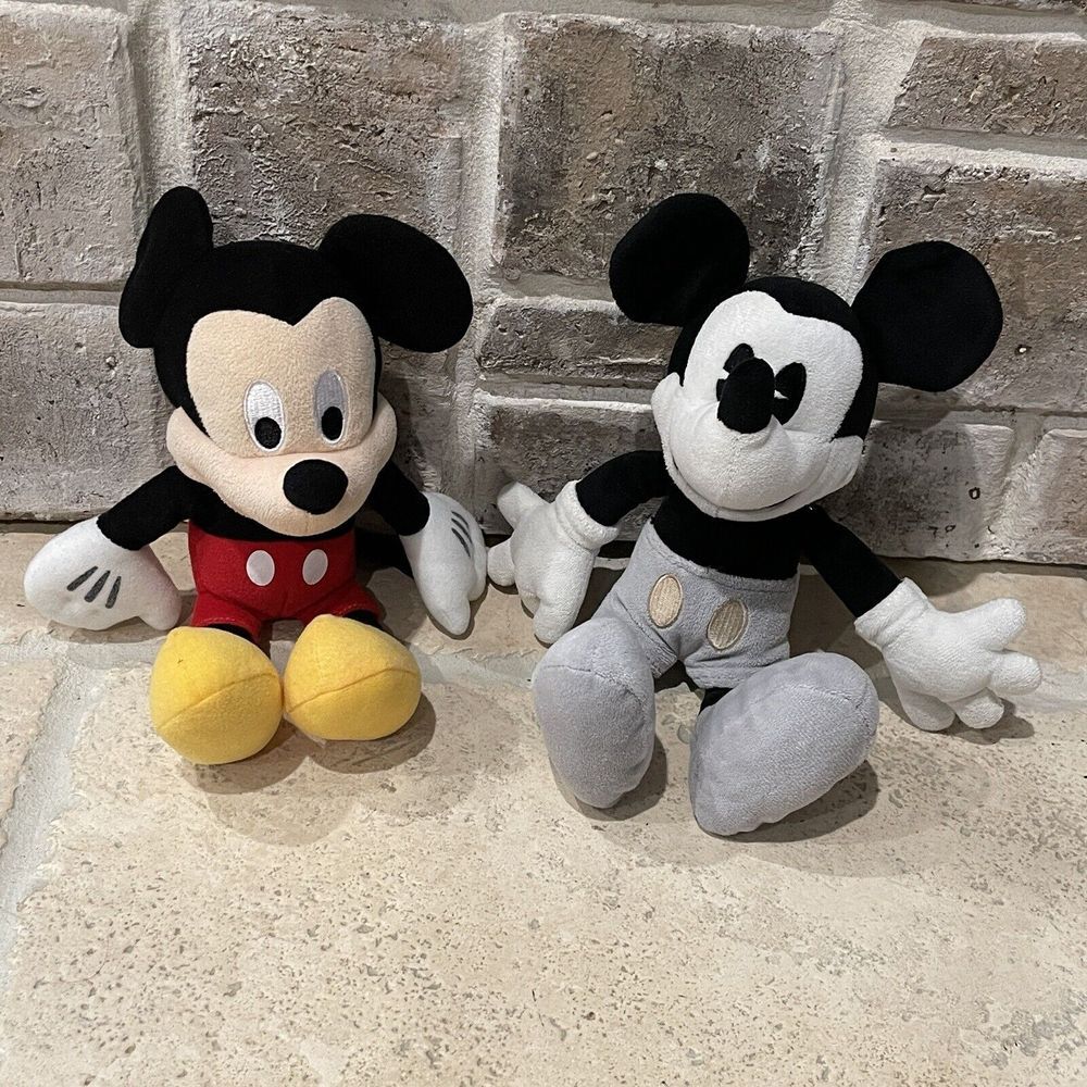Disney Store Mickey Mouse Bean Bag Plush 10 Inch Grayscale Set Of Two EUC